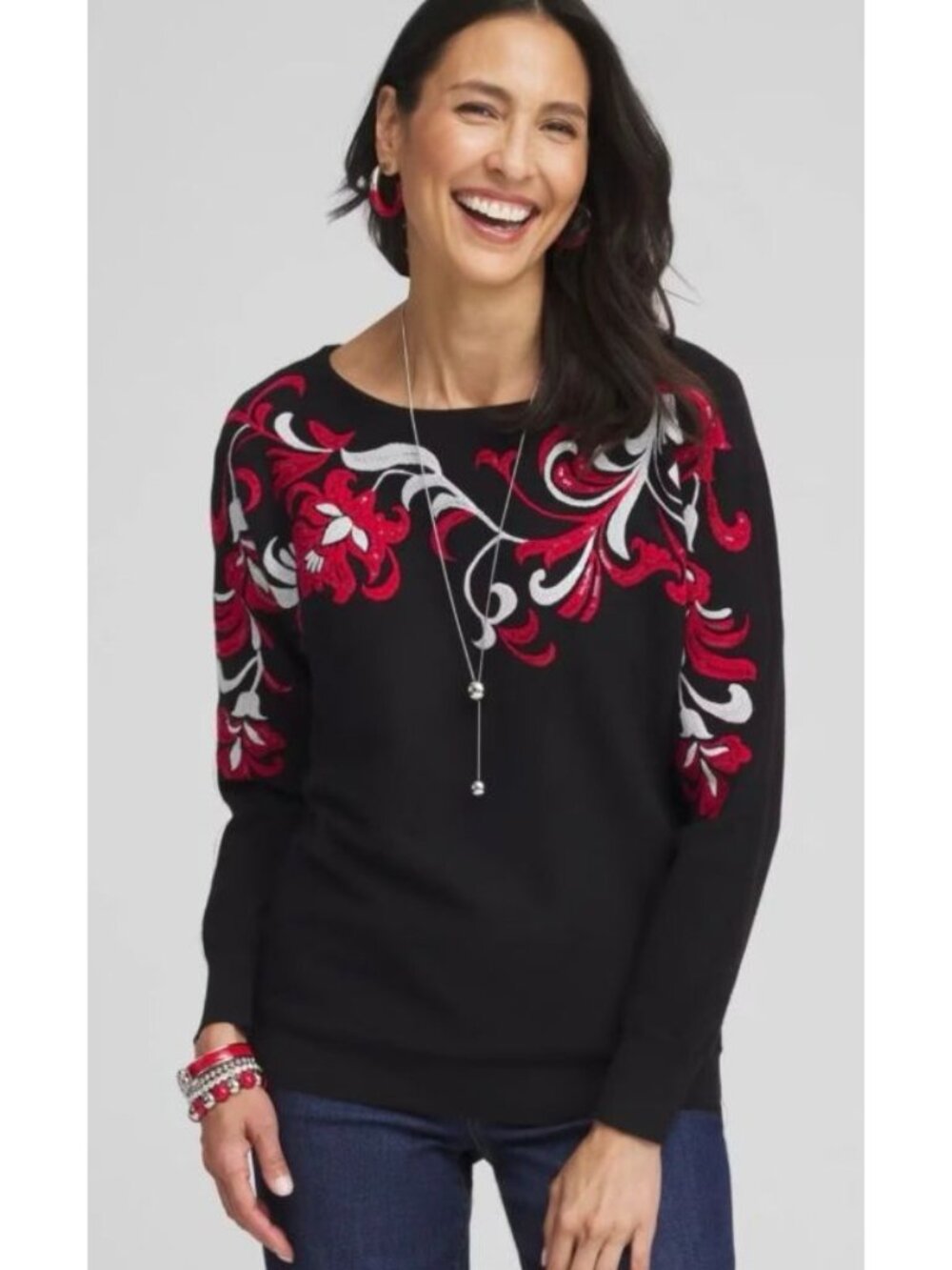 NEW Chicos Floral Sequin Dolman Sleeve Sweater Sz 0 Embroidered Swirl Red Black